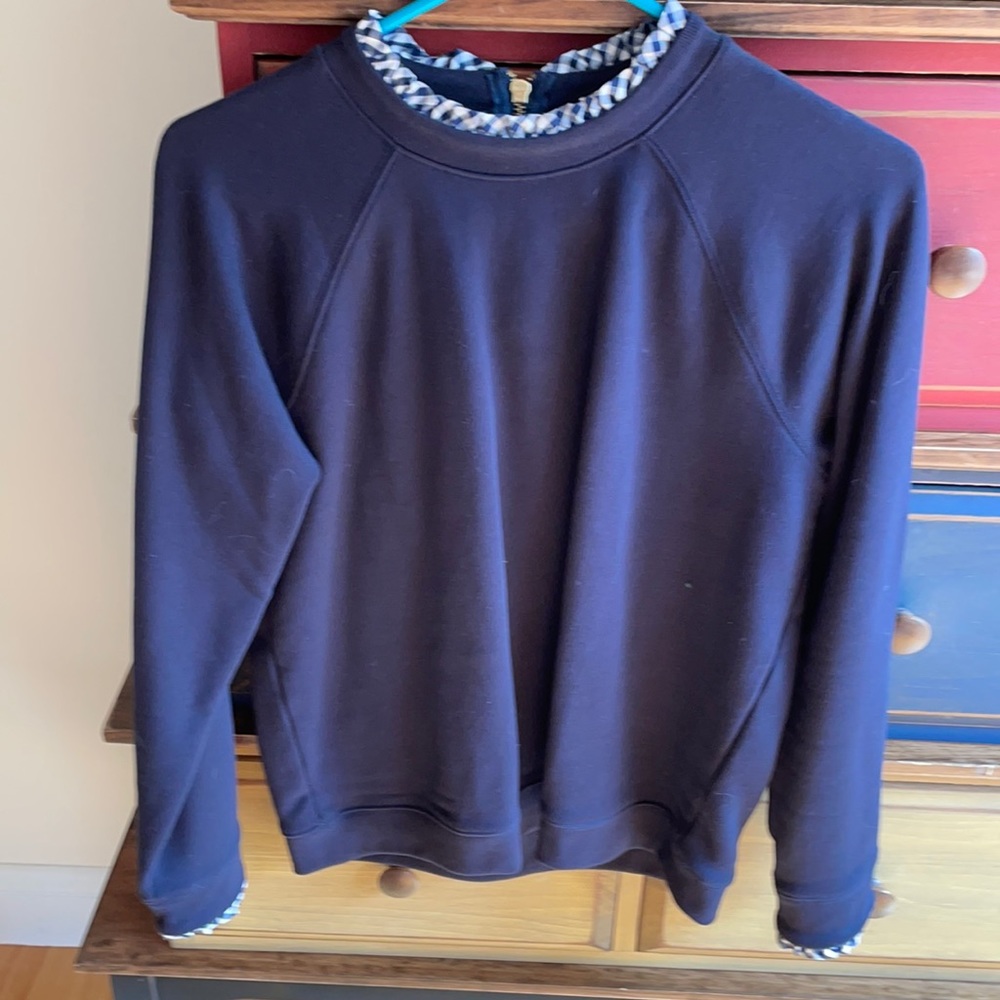 J.Crew Navy Ruffle Neck Pullover Gingham Size M